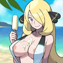 1girls ai_generated bikini blonde_female blonde_hair blonde_hair_female breasts cumsicle cynthia_(pokemon) female female_only huge_breasts large_breasts light-skinned_female light_skin long_hair looking_at_viewer nintendo pokemon pokemon_dppt popsicle pubic_hair roastiegens sling_bikini swimsuit