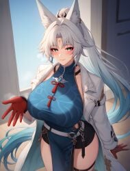 1girls ai_generated animal_ear_fluff animal_ears big_ass big_breasts big_butt blue_dress blue_eyes blush breast_focus breasts collarbone dress feixiao_(honkai:_star_rail) female forehead_jewel fox_ears fox_girl gloves grey_hair huge_breasts jacket large_breasts light-skinned_female light_skin long_hair long_sleeves looking_at_viewer makeup red_gloves thick_hips thick_thighs thigh_strap tied_hair very_long_hair white_hair