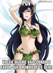 1girls bed bedroom big_ass big_breasts blue_hair brunhild_(shuumatsu_no_valkyrie) female funny green_eyes portuguese_text semi_nude shitpost shuumatsu_no_valkyrie smile smiling smiling_at_viewer tagme