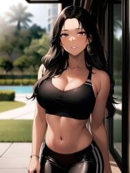 1girls ai_generated ai_mirror belly_button big_breasts blush brown_eyes brown_hair bush earrings garden grass long_hair looking_at_viewer outside pool sliding_doors sports_pants sports_top sportswear standing stone_path tree white_skin