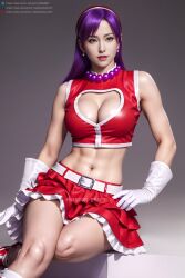 1girls ai_generated athena_asamiya big_breasts brown_eyes cleavage collar female gloves hair_ornament headband king_of_fighters latex light-skinned_female light_skin lipstick long_hair pale-skinned_female pale_skin phantom_draft purple_eyes purple_hair skirt thick_thighs tied_hair voluptuous