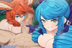 1boy 2girls abs animal_ears artist_name aurora_(league_of_legends) blue_eyes blush bow braid breasts bulge closed_mouth collarbone completely_nude female glasses grass green_eyes green_hair gwen_(league_of_legends) hairbow handjob large_breasts league_of_legends long_hair male medium_hair multiple_girls nipples nude orange_hair penis rabbit_ears round_eyewear smile sollyz straight twintails