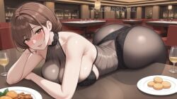 12kaneda12 ai_generated big_butt black_dress blush breast_on_table brown_eyes brown_hair large_breasts looking_at_viewer miah provocative restaurant watermark wide_hips