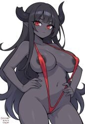 almost_naked almost_nude areola_slip areolae_slip artist_signature barely_clothed belly big_breasts black_skin breasts broken_horn dark-skinned_female dark_skin demon_girl drawswhenhungry female hands_on_hips horn horns long_hair navel neutral_expression oc red_eyes red_iris simple_background sling_bikini slit_pupils