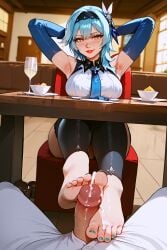 ai_generated armpits arms_behind_head blush clothing cum cum_on_feet eula_(genshin_impact) feet foot_fetish foot_on_penis footjob footjob_under_table genshin_impact legs lipstick looking_at_viewer male_pov medium_breasts mouth_closed pasties penis puffy_lips shiny_skin sitting smirk table under_the_table