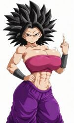 1girls abs ai_art ai_assisted ai_generated angry annoyed_expression big_breasts black_eyes black_hair breasts caulifla cleavage dragon_ball dragon_ball_super dragon_ball_z female hi_res high_resolution highres huge_breasts large_breasts looking_at_viewer middle_finger muscular pants purple_pants solo solo_female spiked_hair spiky_hair tekan4982 thick_thighs titties toned toned_female tube_top uncensored white_background