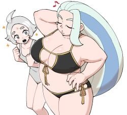 2girls bbw belly bikini black_bikini chubby chubby_female melony_(pokemon) midriff milf pokemon thick wide_hips