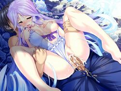 1boy anus aozora_stripe barefoot black_hair blue_swimsuit blush breast_slip breasts brown_eyes censored collarbone cowgirl_position cum cum_in_pussy female game_cg happy happy_sex holding long_hair mizutani_sumire nipples one_breast_out panties_aside penis piromizu purple_hair pussy rock sex short_hair spread_legs swim_trunks swimsuit swimsuit_aside vaginal_penetration very_long_hair