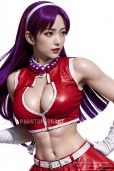 1girls ai_generated athena_asamiya big_breasts brown_eyes cleavage collar female hair_ornament headband king_of_fighters latex light-skinned_female light_skin long_hair pale-skinned_female pale_skin phantom_draft purple_eyes purple_hair tied_hair voluptuous