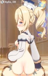 1boy 1girls aether_(genshin_impact) alpha_08 ass barbara_(genshin_impact) blonde_female blonde_hair blue_eyes blush breasts church church_interior genshin_impact impact_lines looking_at_partner looking_back reverse_cowgirl_position sex straight straight_sex unseen_male_face