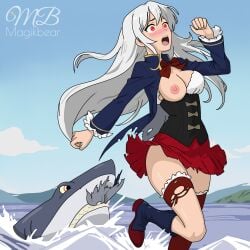 blouse blue_coat blush blush boots bow clothes_removed corset damsel_in_distress exposed_breasts exposed_nipples red_bow red_eyes red_skirt running scared shark skirt_lift stockings torn_clothes white_hair