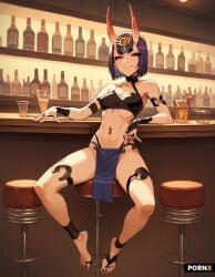 ai_generated bar_stool barefoot belly_button_piercing fate_(series) leaning_back legs_spread loincloth shuten_douji_(fate) sitting smiling smug_smile tubetop