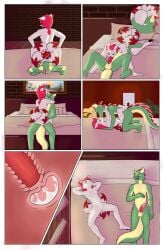 69_position absurd_res anthro bed bedroom benny_(dragonblooded) bodily_fluids comic cum cum_inside dragon drakoc(artist) duo epic_games facesitting female fortnite fox_spirit furniture genital_fluids genitals hi_res kimiko_five-tails kissing male male/female mythological_creature mythological_scalie mythology oral penis scalie sex sitting_on_another