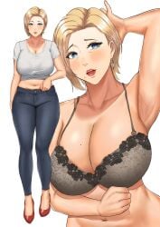 1girls absurd_res armpits big_breasts blonde_female blonde_hair blue_eyes bra breasts cleavage clothed clothing female female_only hi_res jeans mature mature_female mature_woman milf mole mole_on_breast mole_under_mouth n0n_001 navel navel_piercing original pants solo solo_female