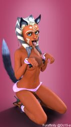 ahsoka_tano alien alien_girl animal_ears breasts buttplug_tail clone_wars cuffs dc15-a female female_only jedi jedi_padawan kneeling looking_at_viewer microskirt miniskirt orange_body orange_skin pasties petplay puppyplay simple_background solo solo_female star_wars togruta tongue tongue_out