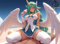 ayakonarts beach cowgirl_position green_eyes green_hair horn ice_cream league_of_legends outside soraka