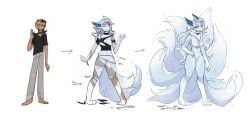 blue_fur fox fox_girl fox_tails furry human_to_anthro mtf_transformation terrible_existence_(artist)