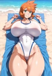 ai_generated asymmetrical_hair bangs bare_shoulders beach bikini blue_sky blue_swimsuit blush breasts cameltoe clavicle cleavage clothing cloud competition_swimsuit covered_navel curvaceous day erect_nipples female female female_only green_eyes grin gym_leader highleg highleg_swimsuit huge_breasts kasumi_(pokemon) kasumi_(pokemon) large_breasts legs looking_at_viewer lying misty_(pokemon_hgss) navel nipples ocean on_back one-piece_swimsuit open_mouth orange_hair outdoors pokemon pokemon_character sand shiny_hair shiny_skin shore short_hair sky smile solo standing sweat swimsuit tank_suit thick_thighs thighs towel water wet white_one-piece_swimsuit white_swimsuit wide_hips