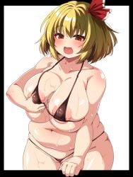 1girls areola_slip bbw bikini blonde_hair blush breast_grab chubby erect_nipples fat female front_view groping groping_breasts iori_4kagetsu micro_bikini nipple_bulge open_mouth red_eyes ribbon rumia skimpy skimpy_bikini smile solo swimsuit touhou