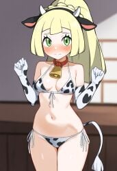 1girls ai_generated bikini blonde_hair blush cow_ears cow_horns cow_print cow_tail cowbell elbow_gloves embarrassed fake_animal_ears fake_animal_tail fake_horns fake_tail green_eyes lillie_(pokemon) looking_at_viewer navel novelai pokemon pokemon_sm ponytail raised_eyebrows self_upload