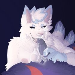 1:1 2_tails anthro arctic_fox blue_eyes blue_hair bodily_fluids breasts canid canine cum cum_in_mouth cum_inside cum_on_breasts cum_on_face duo ejaculation fellatio female fission_(crazy_jellybeans) fox fur genital_fluids genitals hair hi_res holding_penis humanoid_genitalia humanoid_penis male male/female mammal markings melo_(crazy_jellybeans) multi_tail narrowed_eyes oral penile penis pov_blowjob purple_body purple_penis sex slvtshep striped_markings stripes tail true_fox white_body white_fur