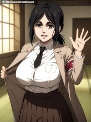 ai_generated aindroidparanoid attack_on_titan big_breasts black_eyes black_hair breasts busty cleavage curvy cute female female_only forest huge_breasts indoors jacket large_breasts messy_hair narrow_waist pieck_finger ponytail shingeki_no_kyojin shirt skirt slim_waist smile stable_diffusion straight_hair tired_eyes voluptuous waving