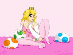 1girls blonde_hair blue_eyes breasts cleavage color egg elbow_gloves female female_only gloves human lingerie long_hair mario_(series) nintendo on_bed panties princess_peach sitting solo some1smarter spread_legs yoshi_egg