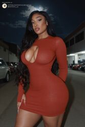 ai_generated black_hair bodycon celebrity cleavage dark_skin highres hourglass_figure joyboyai large_breasts megan_thee_stallion moonlight night outdoors rapper real_person realistic red_dress singer thick thick_thighs tight_clothing tight_dress