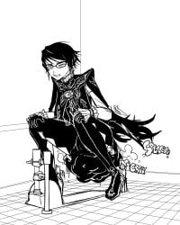 bayonetta bayonetta_(character) black_and_white fully_clothed scat shit shitting toilet