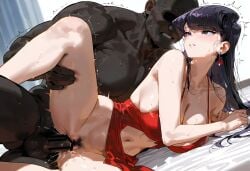 1boy 1girls ai_generated bed censored cum cum_inside dark-skinned_male earrings interracial interracial_dreams komi-san_wa_komyushou_desu komi_shouko light-skinned_female muscular_male netorare nude_male on_bed pale-skinned_female pale_skin red_clothing shaking sweat tall_female vaginal_penetration younger_female