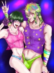 2boys blue_hair blue_nail_polish blue_nails blue_paint blue_stripes blue_thong bulge cheek_tattoo colored_nails dark_green_hair dondurma_(song) earrings eyeshadow face_tattoo fangs gloves green_hair green_pubic_hair green_thong grin hair_over_one_eye light_green_hair looking_at_viewer masa_works_design medium_hair mole mole_under_mouth multicolored_eyeshadow multicolored_hair multicolored_nail_polish multicolored_nails multiple_boys nail_polish nails nails_painted navel nipples nipples_visible_through_clothing oerba_yun_fang one_eye_closed one_eye_half-closed original original_character paint_on_face painted_nails pink_eyeshadow pink_paint pink_topwear polka_dot polka_dot_topwear print_topwear pubic_hair purple_eyeshadow purple_gloves purple_hair purple_paint purple_ring purple_topwear red_eyes red_nail_polish red_nails ring sanpaku see-through_clothing see-through_top short_gloves short_hair sleeveless sleeveless_topwear step-siblings striped_nails tattoo teeth teeth_showing thong tongue tongue_out underwear upper_teeth uvula v w1nex1ao white_eyeshadow yellow_eyes yellow_hair yellow_nail_polish yellow_nails yellow_paint