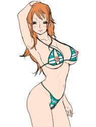 1girls 2019 big_breasts bikini bikini_bottom bikini_top blush breasts crotch_cutout crotchless female female_only hairy_pussy iwao178 long_hair nami nami_(one_piece) nipple_cutout nipple_slits nippleless_bikini nippleless_clothes nipples one_piece orange_hair post-timeskip pubic_hair standing striped_bikini