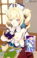 1boy 1girls aether_(genshin_impact) alpha_08 barbara_(genshin_impact) blonde_female blonde_hair blue_eyes breasts breasts_out card card_game genshin_impact gloves shh showing_breasts teasing unseen_male_face