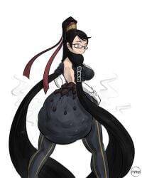 1girls bayonetta bayonetta_(character) black_hair diaper edit fully_clothed hyrosdiaperdivas light_skin messy_diaper platinum_games scat shit shitting stinky