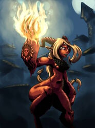 blonde_hair breasts caprine demon ear_piercing female fire goat hair horn mammal mrmayhemm piercing satyr skull solo tattoo