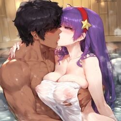 1girls athena_asamiya big_breasts breasts busty female hair_ornament headband holding hot_spring king_of_fighters kissing kissing light-skinned_female light_skin long_hair nipples nipples_visible_through_clothing pale-skinned_female pale_skin purple_hair sauna star tharkica tied_hair tongue towel voluptuous voluptuous_female water wet_clothes wet_clothing wide_hips