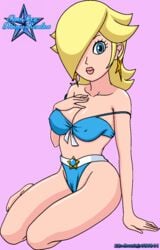 1girls barefoot big_breasts big_thighs bikini blue_bikini blue_eyes bra_strap_down breasts cleavage clothing color earrings female female_only hair_over_one_eye hand_on_chest human light-skinned_female light_skin lips lipstick long_hair looking_at_viewer mario_(series) nintendo nipple_bulge on_knees pink_lipstick pinup platinum_blonde_hair princess_rosalina shadowninjamaster solo star_earrings thick thick_hips thick_thighs wide_hips