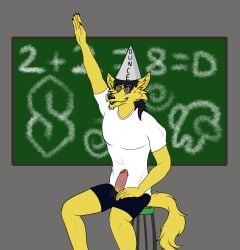 anthro brainwashing caine_latrans caine_latrans_(artist) clothing erection furry genitals hi_res humanoid_genitalia humanoid_penis hypnosis hypnovember2024 intelligence_loss male mind_control non-human non-human_only penis ringed_eyes school school_uniform submissive submissive_male uniform yellow_body yellow_fur