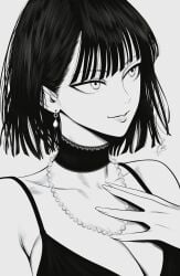 bare_shoulders big_breasts big_eyes black_and_white black_hair bob_cut earrings fubuki_(one-punch_man) looking_away mostlybluewyatt necklace one-punch_man portrait smiling_at_viewer