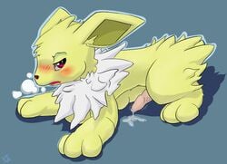 3_toes animal_genitalia blush canine canine_penis eeveelution erection feral fur jolteon male mammal nintendo open_mouth penis pink_penis pokemon precum simple_background video_games vswitch white_fur