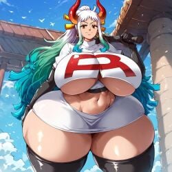 1:1 1girls ai_generated big_breasts blue_hair breasts breasts_bigger_than_head cosplay female female_only horn horns huge_breasts hyper_breasts hyper_thighs jessie_(pokemon)_(cosplay) large_breasts multicolored_hair one_piece pokemon riss team_rocket thighs_bigger_than_head turquoise_hair white_hair yamato_(one_piece)