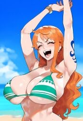 ai_generated bikini blush breasts dark-skinned_male feet female huge_breasts juuicyai massive_ass massive_breasts nami_(one_piece) necktie nipples one_piece orange_eyes orange_hair sweat