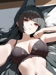 ai_generated animal_ears anthro black_hair bra breasts female hoshimi_miyabi long_hair looking_at_viewer red_eyes zenless_zone_zero