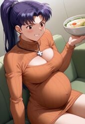 ai_generated big_belly big_breasts breasts cleavage misato_katsuragi neon_genesis_evangelion pregnancy pregnancy_cravings pregnant pregnant_belly ramen