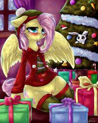 angel_(mlp) anthro blush bottomless christmas christmas_tree clothing dimwitdog equine female female_focus female_only fluttershy_(mlp) friendship_is_magic fur furry gift hair hasbro heart heart_eyes holidays horn horse inside lagomorph legwear mammal my_little_pony partially_clothed pegasus pony pussy rabbit signature solo straight_hair toque tree wings yellow_body yellow_fur