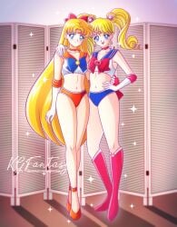 2girls bishoujo_senshi_sailor_moon blonde_hair blue_eyes bow clothing kgfantasy minako_aino outfit_swap pout sailor_moon sailor_venus small_breasts smile usagi_tsukino