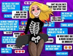 blonde_hair bold-n-brash green_eyes halloween original_character sk8r_girl_(bold-n-brash) skeleton skeleton_costume word_bubble