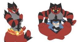 1boy 1girls anthro big_breasts breasts cleavage dart(dewwydartz) dewwydarts dewwydartz female female_incineroar freya_(dewwydartz) furry incineroar lucario pokémon_(species) pokemon pokemon_(species) simple_background solo tagme thick_thighs white_background wide_hips