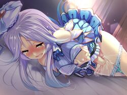 aozora_stripe bare_shoulders bed blush breast_grab breasts brown_eyes censored closed_eyes female female_ejaculation game_cg hat long_hair masturbation mizutani_sumire one_breast_out panties panty_pull piromizu purple_hair window