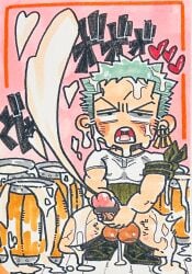 1boy ahe_gao balls bara big_balls big_glans blush both_hands_on_cock bottomless censor_bar censored censored_penis chibi crouching cum cum_all_over cum_bucket cum_drip cum_everywhere cum_on_body cum_on_face cum_on_floor cum_on_hair cum_on_leg cum_on_lower_body cum_on_penis cum_on_self cum_string cum_trail cumshot earrings ejaculation erection exhausted frown green_hair hand_drawn haramaki heart_symbol hi_res jerking long_cumshot looking_up lots_of_cum male male_only masturbation muscles muscular muscular_arms muscular_legs muscular_male muscular_thighs nipples_visible_through_clothing one_piece open_mouth orgasm pecs pre_timeskip roronoa_zoro semen short_hair small_pupils solo spread_legs squatting text thick_cum thick_thighs tired_eyes to5michi unstoppable_orgasm uvula v-shaped_eyebrows